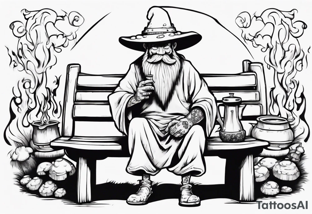 mushroom person with a long grey beard wearing a tunic and a floppy hat sitting on a bench by a fireplace drinking from a wood cup, smiling tattoo idea