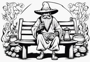 mushroom person with a long grey beard wearing a tunic and a floppy hat sitting on a bench by a fireplace drinking from a wood cup, smiling tattoo idea