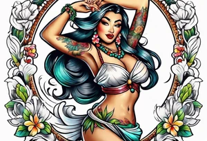Old School Tattoo Style, Hula Girl dancing, full body, white background --no skin tattoo idea