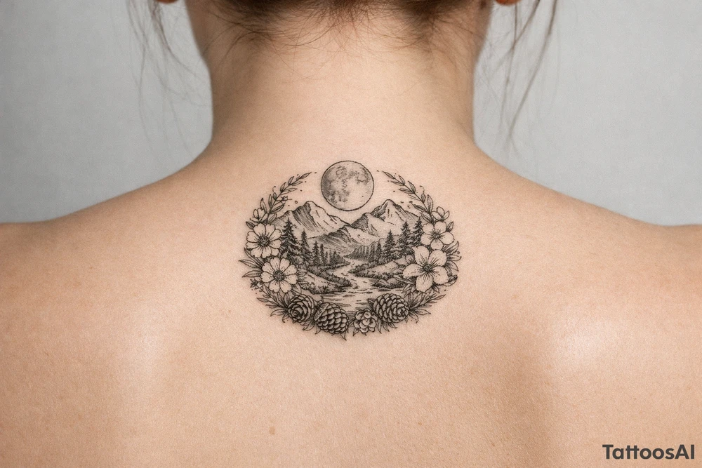 Full moon, mountains, stream surrounded by pine trees, encircled with wildflowers and pinecones tattoo idea