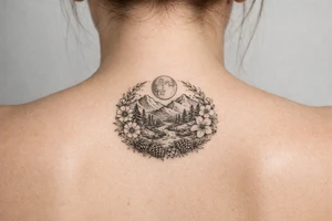 Full moon, mountains, stream surrounded by pine trees, encircled with wildflowers and pinecones tattoo idea