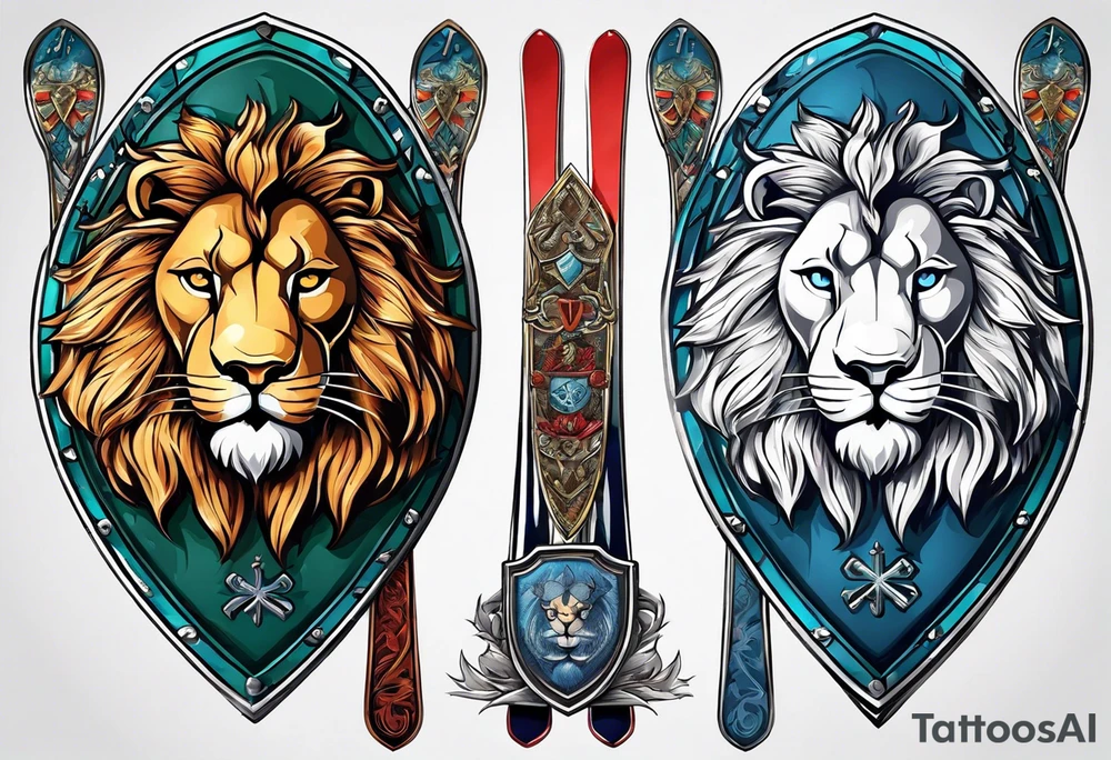 snow skis crossed like an x with a shield in front of them and a lion on the shield tattoo idea