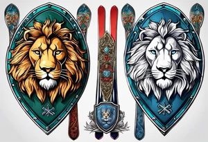 snow skis crossed like an x with a shield in front of them and a lion on the shield tattoo idea