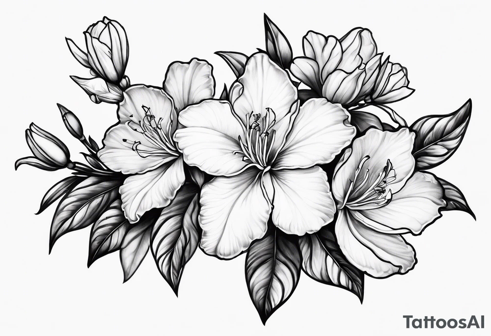 5-petal azaleas with buds along a long branch tattoo idea