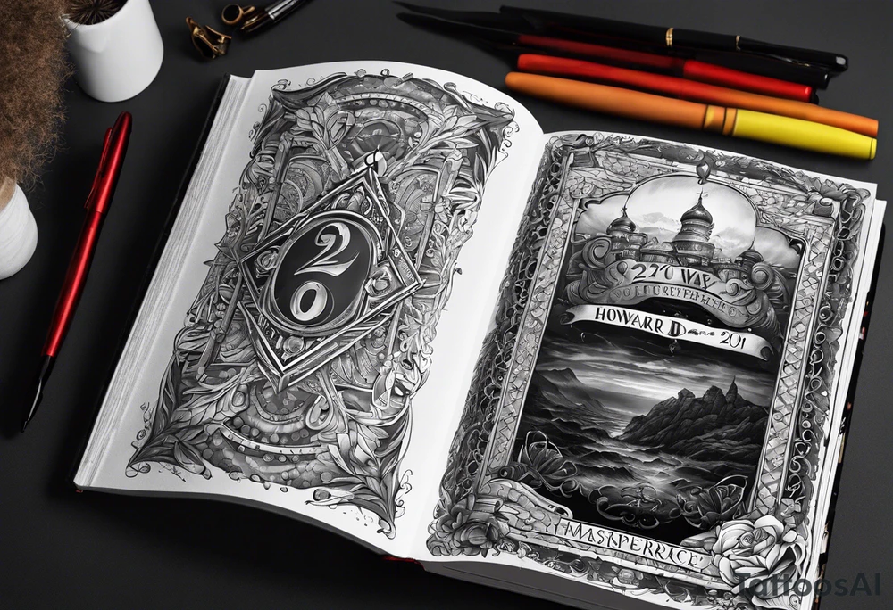 Book cover with "Howard 22.07.1937 - 23.03.2023" and a pen.  No photo on the book, just the words. tattoo idea