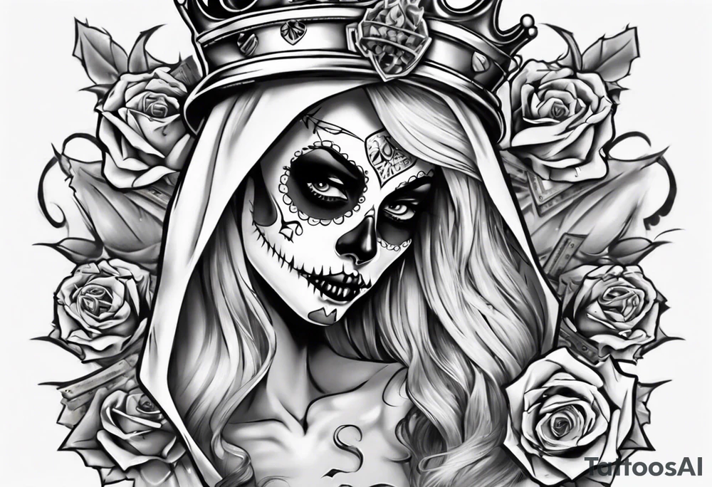 santa la muerta with money and crown
on the card tattoo idea