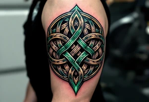 A dark green Celtic knot shield with woven loops symbolizing eternal protection. tattoo idea