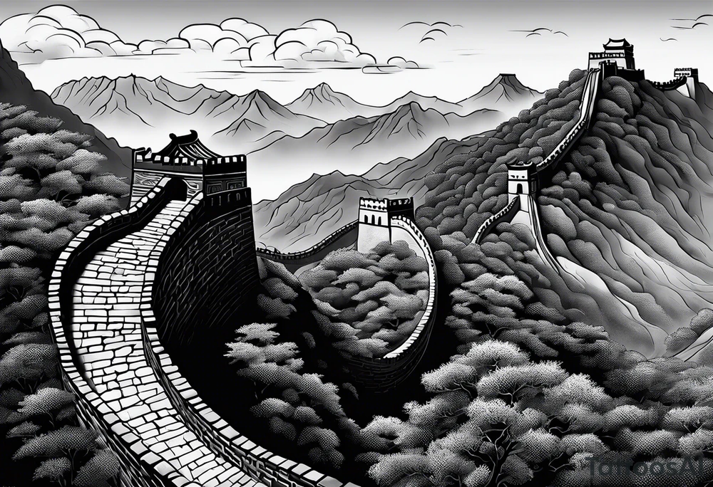 Great Chinese wall, realistic, art, gezeichnet, fine line, black and grey, man, clear tattoo idea