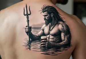 young, fit poseidon in calm water, holding a trident, holding a beer, looking at the horizon tattoo idea