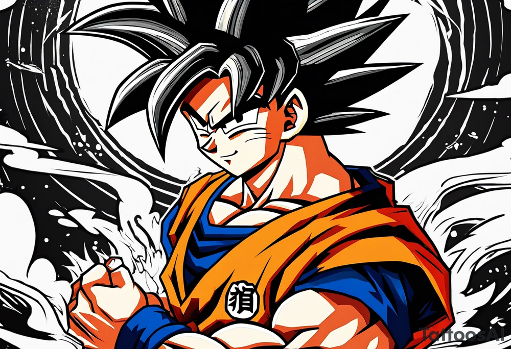 Son-Goku as a super saiyajin . A huge dragonball surrounds the whole scenery. Gokus friends are surrounding him as shadows tattoo idea