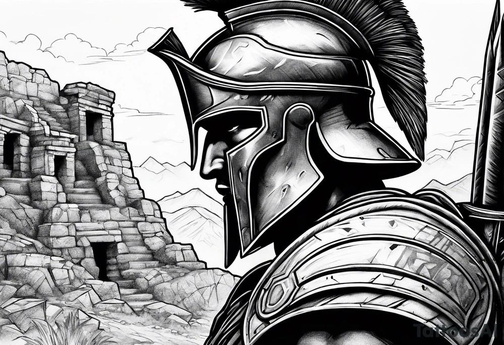close up of spartan solider looking at distant ruins tattoo idea