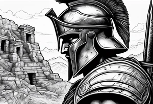close up of spartan solider looking at distant ruins tattoo idea