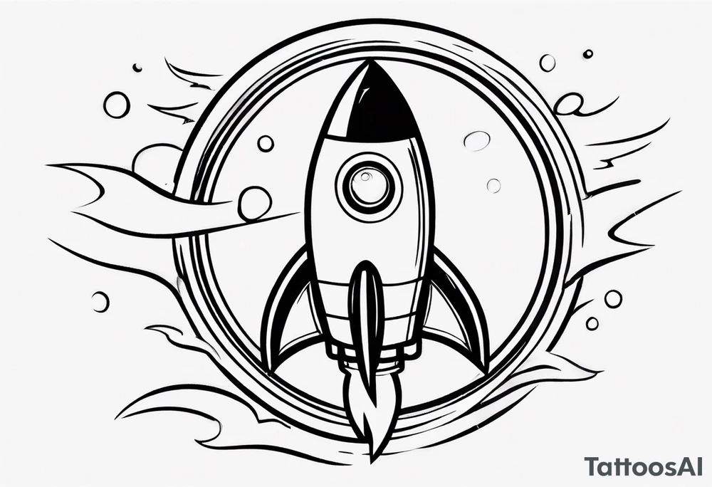 Super simple cartoon rocket ship with a round window, 3 fins, and fire coming out the bottom

Add some shading and detail to make less basic tattoo idea