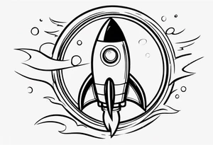 Super simple cartoon rocket ship with a round window, 3 fins, and fire coming out the bottom

Add some shading and detail to make less basic tattoo idea