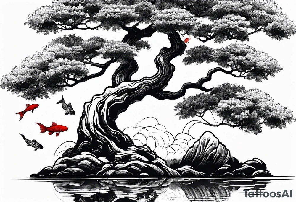 Red japanese oak tree next to a river with koi fish tattoo idea