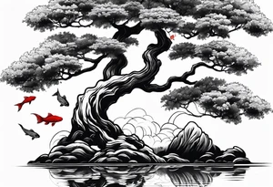 Red japanese oak tree next to a river with koi fish tattoo idea