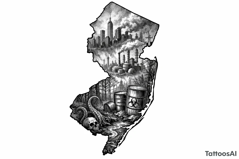Outline of the shape of New Jersey with a dirty city skyline in the north fading in smog filled refineries in the northern part of central Jersey going into a toxic waste forest with a few tentacles and hazardous waste barrels tattoo idea