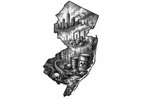 Outline of the shape of New Jersey with a dirty city skyline in the north fading in smog filled refineries in the northern part of central Jersey going into a toxic waste forest with a few tentacles and hazardous waste barrels tattoo idea
