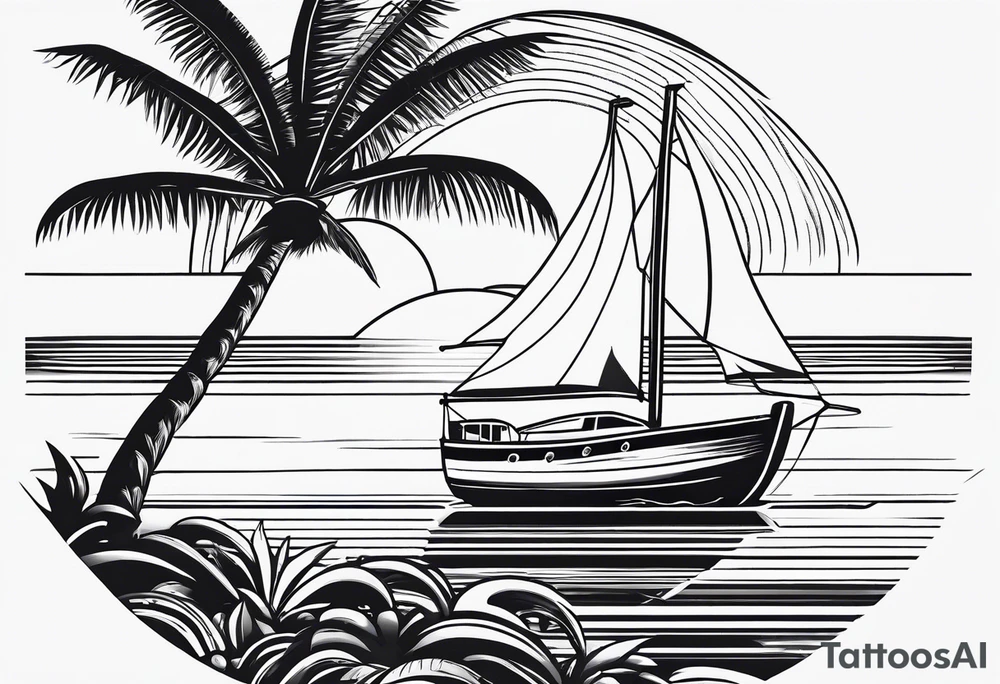 Clean lines palm tree boat sun tattoo idea