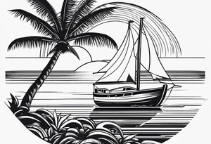 Clean lines palm tree boat sun tattoo idea