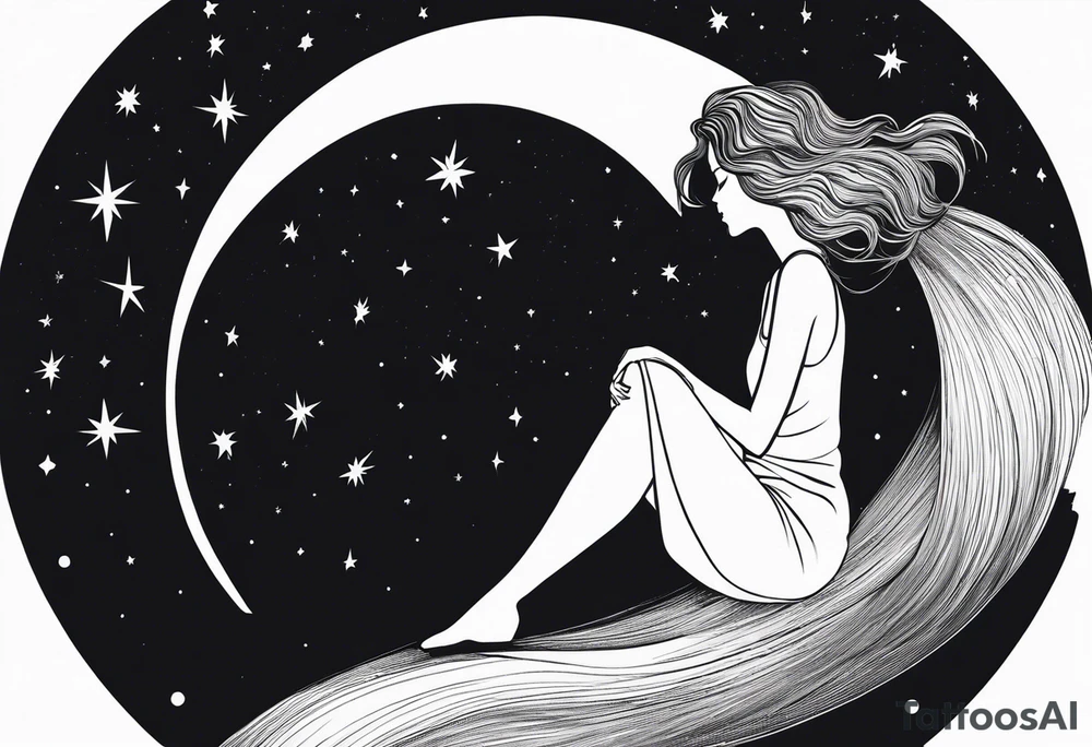 Woman sitting on a moon with opem hair over one shoulder wearing a dress with an open back seen from behind looking up at the stars. tattoo idea