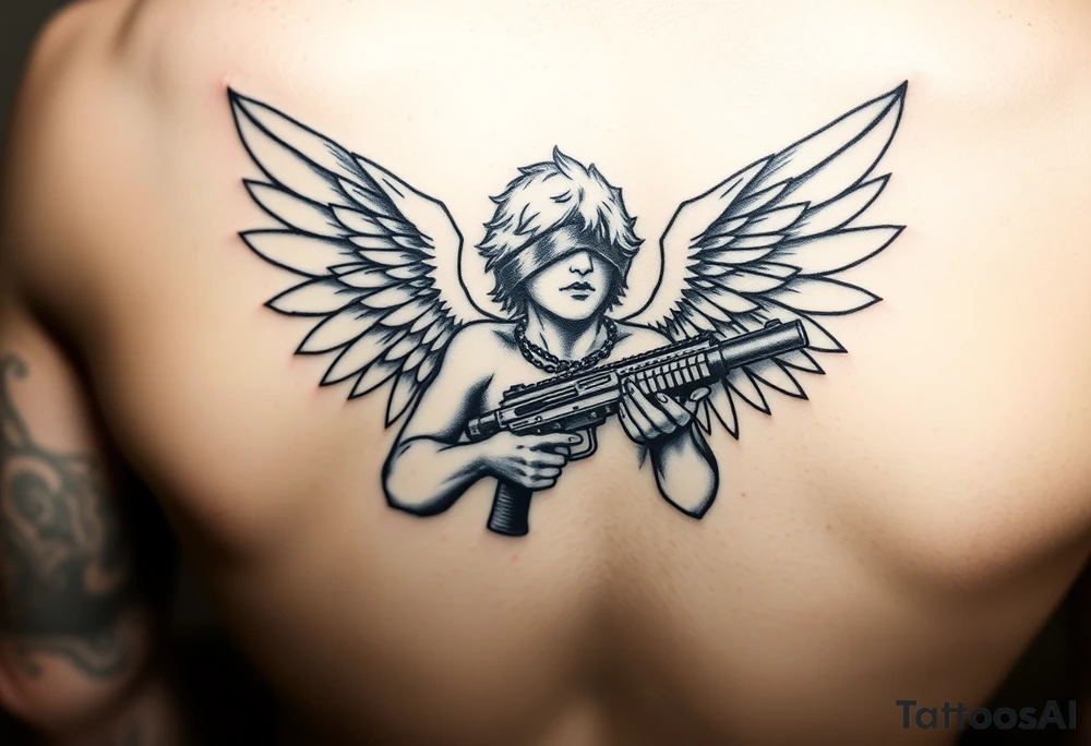 Angel blindfolded holding draco gun tattoo idea