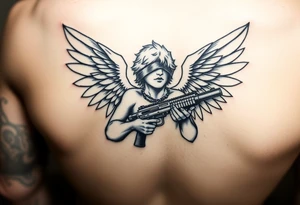 Angel blindfolded holding draco gun tattoo idea