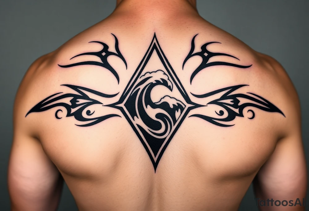 A sharp edged rip curl wave inside of an elongated diamond tattoo idea