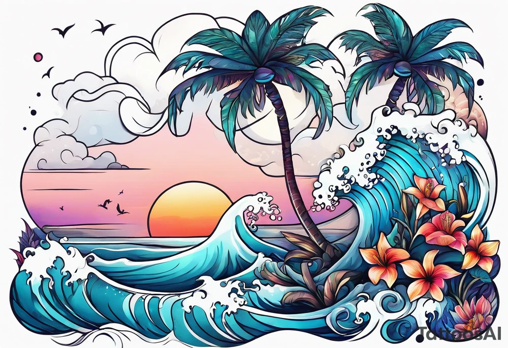 sea,, night, flower, palm, tattoo idea