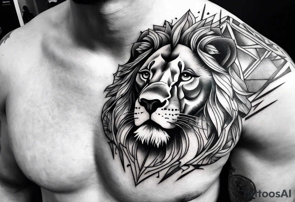 Chest piece with a lion standing over a crowd of angles tattoo idea