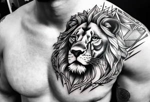 Chest piece with a lion standing over a crowd of angles tattoo idea