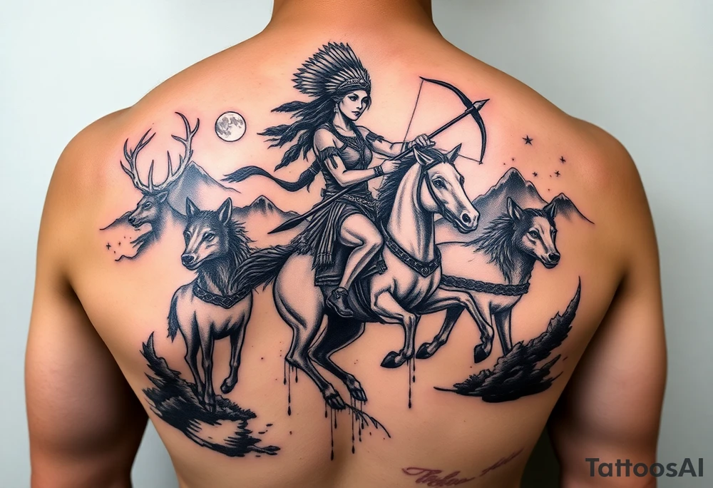 Native warrior women riding a horse with a strong bow and arrow, Surrounded by wolves & deer & blood splatter, the mountain background, a dark night with the moon in the sky tattoo idea