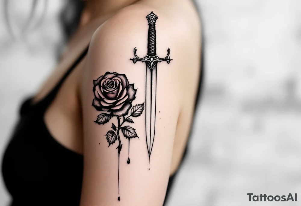 A black dagger piercing a red rose, with droplets of ink dripping from the wound, representing sacrifice, love, and the struggle for truth. tattoo idea