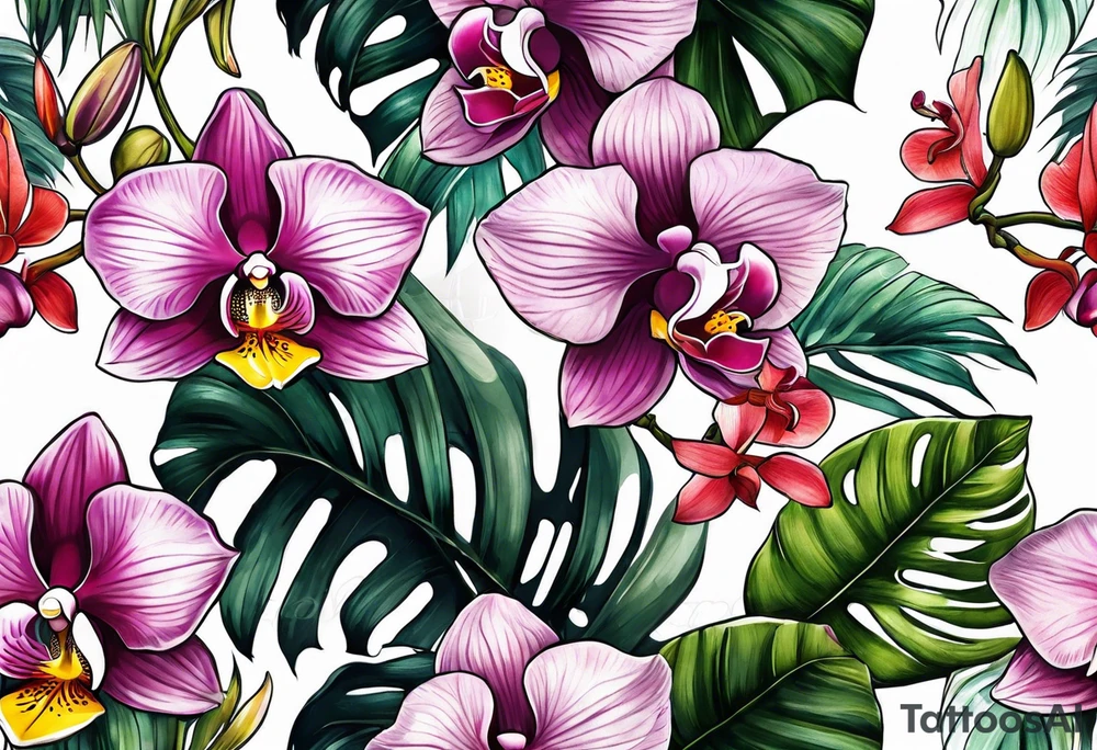 Tropical plants and orchids sleeve tattoo idea