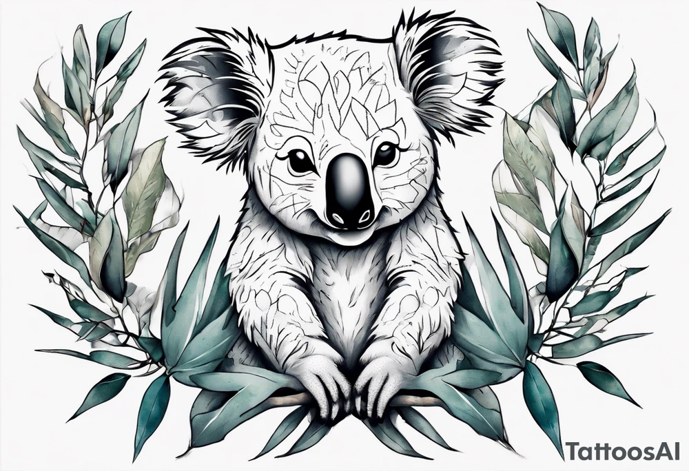 A koala with a kookaburra with eucalyptus leaves and wattle leaves tattoo idea