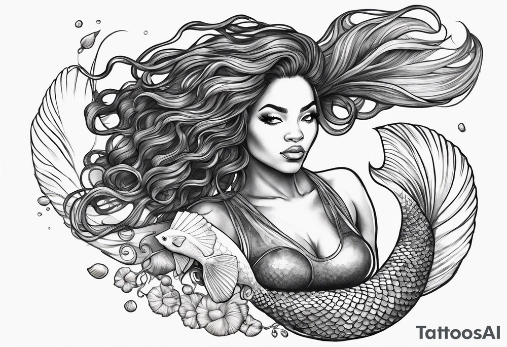 A Black mermaid with dread lock hairs going up in the air, with a shell bra and a nice long fish tail tattoo idea