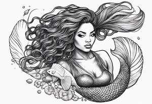 A Black mermaid with dread lock hairs going up in the air, with a shell bra and a nice long fish tail tattoo idea