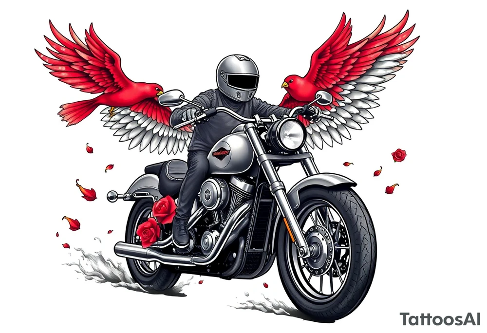 Harley grey motorcycle driving away, two red birds flying, roses, flames, angel wings tattoo idea