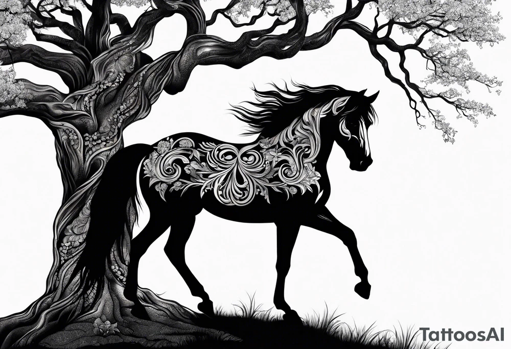Realistic Horse and Yggdrasil tree tattoo idea