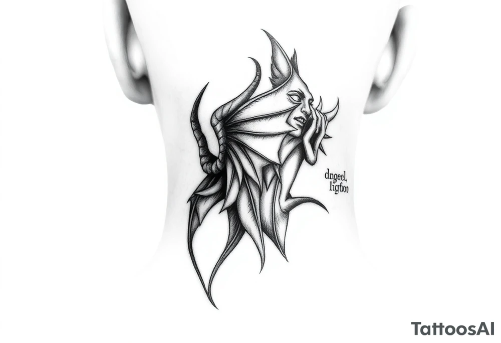 position behind the neck Angel (on the right) whispering in the right ear, demon (on the left) whispering in the left ear tattoo idea