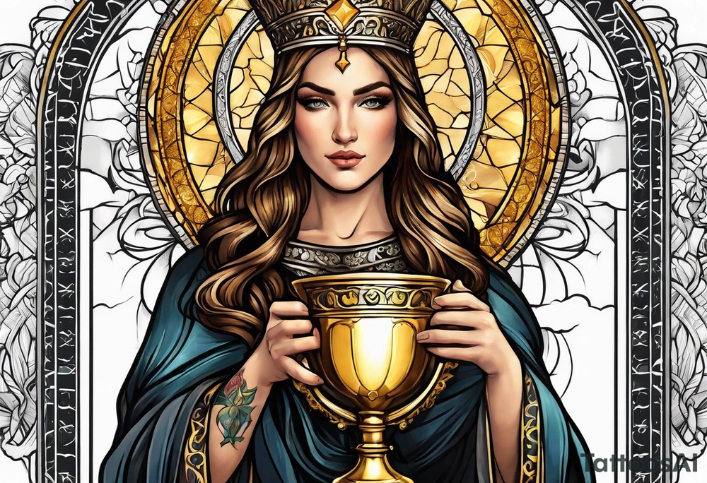 woman saint holding chalice surrounded by golden halo tattoo idea