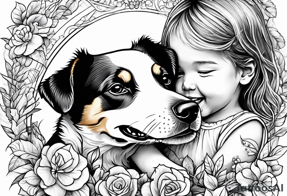 child playing happily with puppy tattoo idea