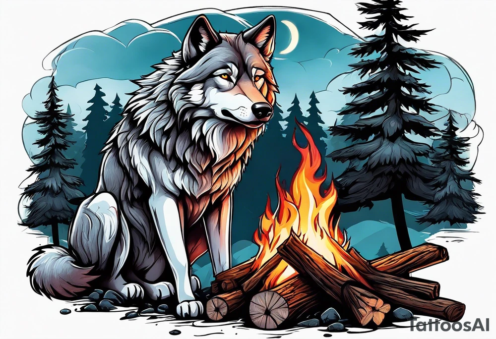 wolf at camp sitting on the log holding stick with marshmallows roasting over the campfire in the Forest tattoo idea