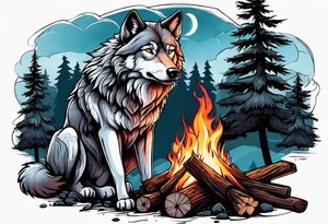 wolf at camp sitting on the log holding stick with marshmallows roasting over the campfire in the Forest tattoo idea