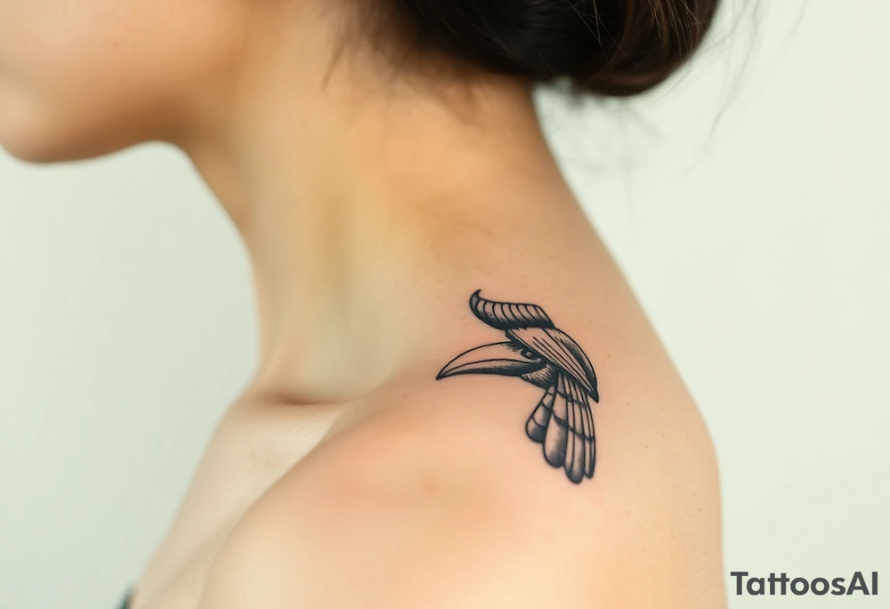 image of a Kalimantan ivory-horned hornbill with a Dayak motif woven background tattoo idea