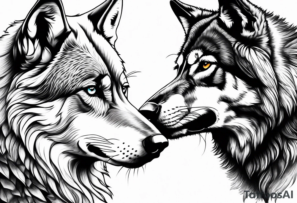 Realistic male wolf and female wolf 
bonding tattoo idea