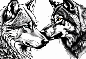 Realistic male wolf and female wolf 
bonding tattoo idea