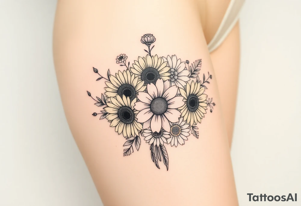 Bouquet of sunflowers, water Lillies, dahlias, marigolds, carnations, hydrangeas, daisys, and chrysanthemums tattoo idea