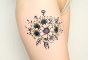 Bouquet of sunflowers, water Lillies, dahlias, marigolds, carnations, hydrangeas, daisys, and chrysanthemums tattoo idea