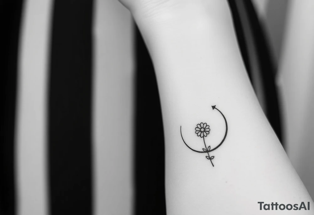 Small black and white tattoo waxing crescent moon with small Daisy birth flower and tiny Leo gliph tattoo idea